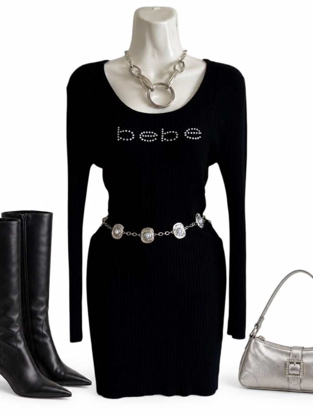 bebe Black Rhinestone Logo Long Sleeve Bodycon Dress Small